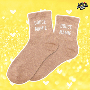 Chaussettes pailletées "douce mamie", chaussettes à paillettes vieux rose, cadeau pour les grands mères. 