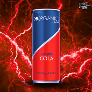 "Canette de Red Bull Organics Simply Cola , avec un design bicolore rouge et bleu. La partie supérieure rouge symbolise l’intensité et le goût authentique du cola, tandis que la partie inférieure bleue évoque la fraîcheur de la boisson. Le logo 'Organics by Red Bull' est inscrit en blanc sur le fond rouge, avec 'Simply Cola' écrit en lettres élégantes sur la section bleue. Une canette au design épuré et premium, reflétant l’authenticité et la naturalité de cette boisson biologique.